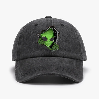 Green Alien Distressed Printed Retro Baseball Cap