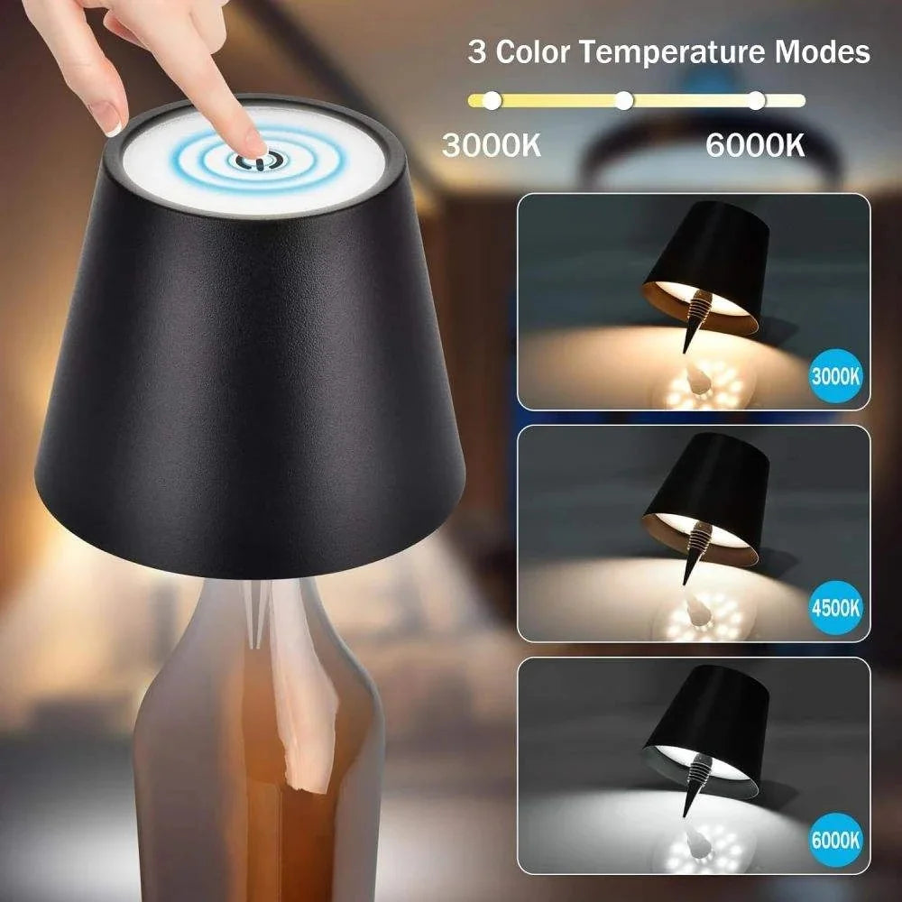 USB Rechargeable Bottle Table Lamp – Touch Control with 3-Color Modes & Stepless Dimming for Bar, Desk & Wine Bottle Lighting