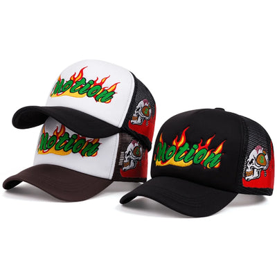 Fire Motion Skeleton Embroidered Trucker Cap