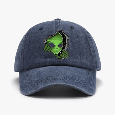 Green Alien Distressed Printed Retro Baseball Cap
